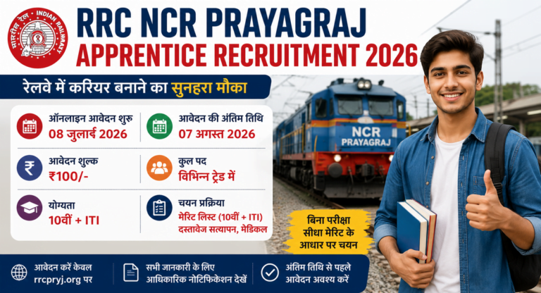RRC NCR Prayagraj Apprentice Recruitment 2026: महत्वपूर्ण तिथि, आवेदन शुल्क, योग्यता, आयु सीमा और ऑनलाइन आवेदन की पूरी जानकारी हिंदी में।