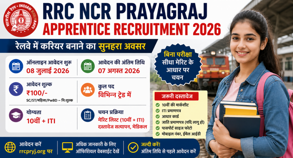 RRC NCR Prayagraj Apprentice Recruitment 2026: महत्वपूर्ण तिथि, आवेदन शुल्क, योग्यता, आयु सीमा और ऑनलाइन आवेदन की पूरी जानकारी हिंदी में।